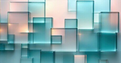 Leinwandbilder - Abstract composition. Cubes overlap, creating depth. Turquoise hues dominate, soft light present. Minimalist design, modern aesthetic.