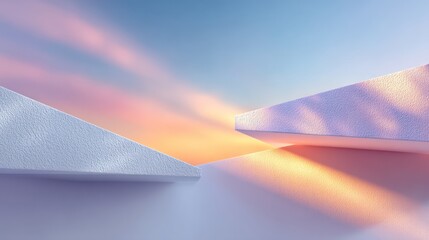 Wall Mural - abstract pastel sunset landscape with geometric white triangles