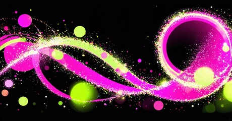 Leinwandbilder - Bright pink, green swirls, dots sparkle against black background. Dynamic energy radiates from abstract design. Vivid colors create visual impact.