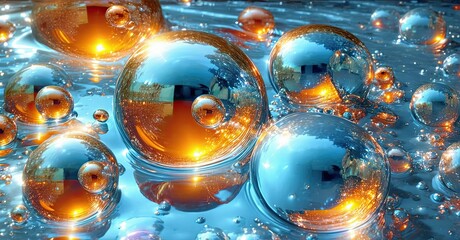 Aufkleber - Bright spheres reflect light, creating vibrant orange, blue hues. Water surface shows ripples, depth. Abstract digital art.