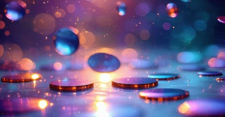 Poster - Vibrant water droplets rest upon reflective surfaces. Colorful bokeh creates dreamy, ethereal atmosphere. Light plays across textures.