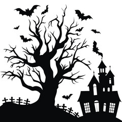 a captivating black and white silhouette of a barren, ominous tree, complete with a spooky mansion i