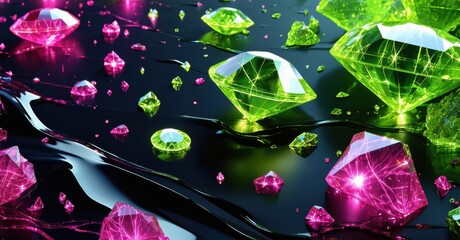 Aufkleber - Vibrant diamonds scatter across dark surface. Pink, green hues dominate composition. Light reflects, creating sparkle, depth.