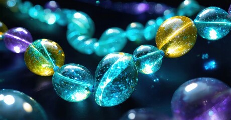 Aufkleber - Bright spheres, vibrant colors, flowing arrangement. Light reflects, creating sparkle, depth, visual interest. Abstract composition, dynamic energy.
