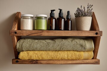 Aufkleber - Eco-friendly Skincare Display on Wooden Shelf With Towels and Glass Containers in a Serene Setting