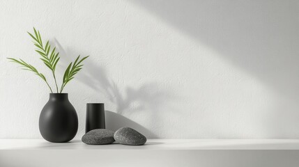 Poster - A simple white background with a three-dimensional textured wall, a black vase on the left side of the podium, and a green plant in it, gray rocks under or near the shelf