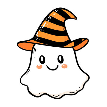 A cute cartoon ghost wearing an orange and black striped witch hat, simple line art with vibrant colors PNG