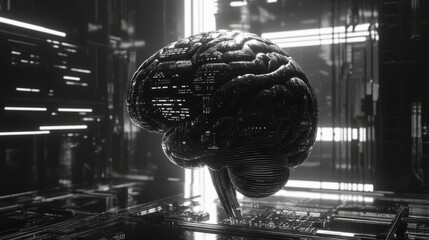 Poster - Futuristic artificial intelligence brain with glowing neural network connections and digital circuit patterns on a high-tech blue background representing advanced machine learning and modern technolog