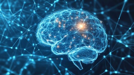 Poster - Front view of human brain with glowing neural pathways and colorful brain waves representing electrical activity and mental connectivity in a scientific and technological concept illustration
