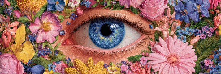 Poster - Vision of Mindfulness With an Eye Surrounded by Blooming Flowers, Symbolizing Tranquility and Awareness in Nature