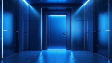 Poster - Modern Blue Corridor with Illuminated Door and Geometric Wall Panels, Minimalist Architecture