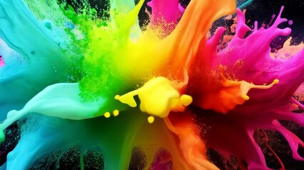 Poster - Dynamic abstract splash of colorful paint mixing on dark background, vibrant hues, movement and flowing shapes create captivating artwork, visual artistry.