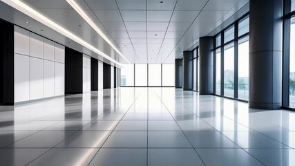 Poster - Bright contemporary lobby interior with tile floors, large windows, and minimal design for office or upscale apartment building