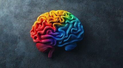 Poster - 3d illustration of a rainbow-colored human brain with blue stripe on black background featuring red, yellow, green, and blue neural connectors for futuristic ai, innovation, and technology concepts