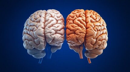Poster - 3d illustration of human brain on blue background showing left and right hemispheres with highlighted logic and creativity functions for educational, scientific, and medical visualization concepts
