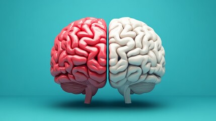 Poster - 3d illustration of human brain on blue background showing left and right hemispheres with highlighted logic and creativity functions for educational, scientific, and medical visualization concepts
