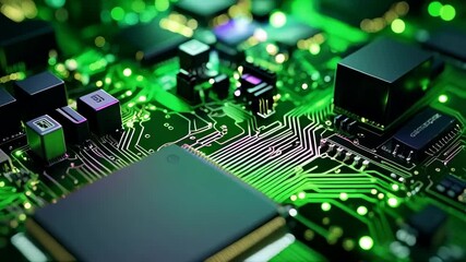 Aufkleber - Close up of a green glowing circuit board with a central microchip and various surface mounted electronic components, computer hardware and high technology