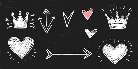 Poster - Hand drawn white chalkboard style crowns, arrows, hearts, and check marks with pink accents decorative doodle elements for love and royalty themes vector illustration