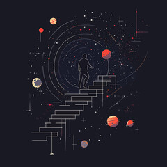 Poster - Abstract silhouette of person climbing stairway surrounded by planets and stars in cosmic space vector illustration minimal flat design
