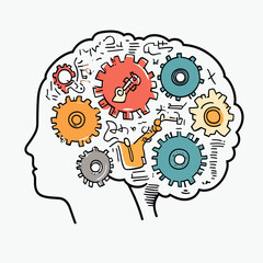 Poster - Human brain outline filled with colorful interlocking gears and doodle sketches representing thinking, creativity, and cognitive process concept vector illustration