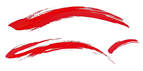 Poster - Set of three red brush stroke vector elements with textured edges for graphic design accent, underline or highlight in flat minimalist style on white background