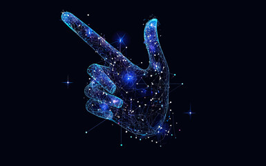 Poster - Futuristic low poly polygonal digital hand cursor pointing gesture with glowing blue cosmic stars and network connections on dark background for technology and interface concept