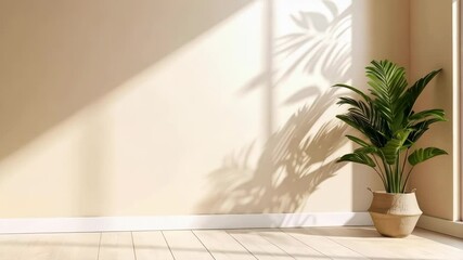 Poster - Stylish minimalist room with a vibrant green potted plant casting shadows on a painted wall near bright wood floors