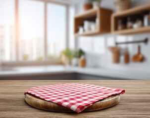 Aufkleber - Empty round wooden pizza board with red and white checkered tablecloth on blurred kitchen background, ready for product display montage