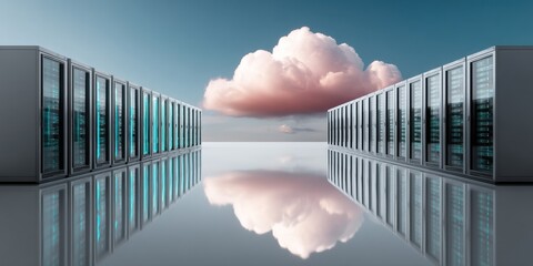 Poster - Hybrid Business Backup Strategies with Mirrored Server Racks and Cloud Icons in Cyber Blue Tones for Modern Data Security and Resilience
