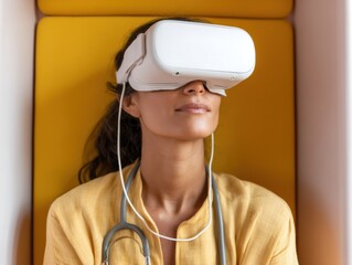 Poster - Multicultural South Asian Woman Uses Wireless VR Technology and Digital Stethoscope for Immersive Telehealth Consultation in Modern Office Pod