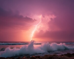 Poster - Nighttime lightning bolt striking turbulent ocean waves with rocky shore spray, showcasing natures raw power for emergency preparedness and climate resilience