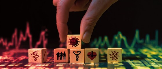 Poster - Modern Health Insurance Concept with Wooden Blocks Featuring Vaccine, Wellness, and Protective Icons - Emphasizing Safety and Proactive Care Trends