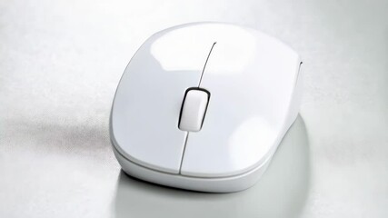 Poster - White ergonomic wireless computer mouse on neutral background, close-up studio shot of input device with scroll wheel and sleek design.