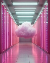 Aufkleber - Futuristic Cloud Computing Concept with Neon Lighting in Data Center Corridor - Digital Transformation and Cloud Migration Technology for IT Marketing