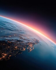 Aufkleber - Satellite View of Earth at Sunrise with City Lights and Atmospheric Glow Symbolizing Advanced Global Connectivity and Future Space Technology Innovation