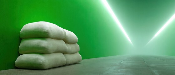 Poster - Modern Sandbag Barrier Stack in Minimalist Green Urban Corridor Symbolizing Flood Protection and Infrastructure Resilience for Emergency Preparedness