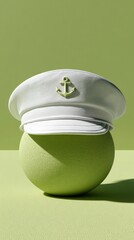 Poster - Minimalist Sailor Heritage White Hat with Anchor Emblem on Textured Sphere - Nautical Fashion Product for Modern Maritime Branding