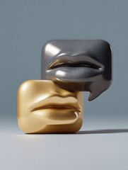 Poster - Metallic Abstract Lips with Geometric Speech Bubbles on Neutral Background - Modern Communication Concept for Digital Marketing and Branding Trends