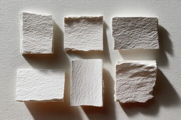 Aufkleber - Post-analog textured white rough paper pieces arranged in flat lay with natural light and shadows for modern design and tactile visual content