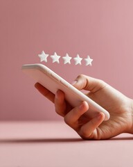 Aufkleber - Modern business concept of user holding smartphone with floating five star rating interface for digital customer feedback and service satisfaction