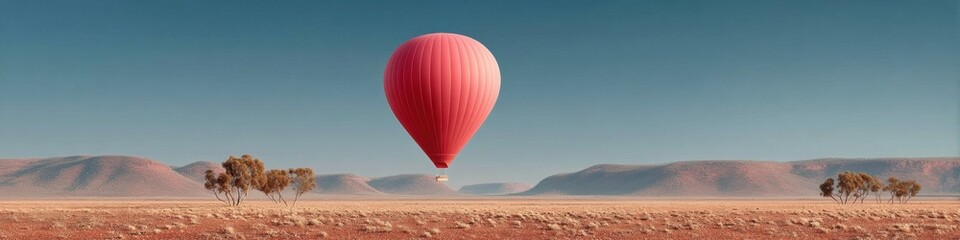 Poster - Vast Australian Outback Landscape with Eucalyptus Trees and Hot Air Balloon, Symbolizing Resilience and Natural Beauty for Tourism Marketing
