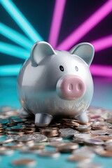 Poster - Modern Silver Piggy Bank with Coins and Neon Lights Highlighting Abundant Savings and Smart Financial Planning for Retirement Goals