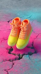 Poster - Vibrant Neon Sneakers Hovering Above Cracked Asphalt with Colorful Street Art - Urban Style and Self-Expression in Modern Lifestyle Fashion