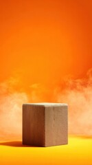 Aufkleber - Minimalist Raw Cedar Wood Podium on Bright Orange to Yellow Gradient with Dynamic Smoke for Modern Product Display and Visual Impact