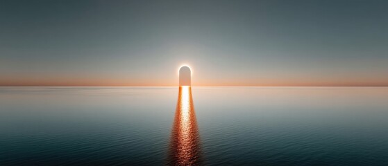 Poster - Majestic Solar Eclipse over Calm Ocean Horizon with Shimmering Corona Light Path under Blue-Orange Morning Sky for Peaceful Wellness and Inspiration