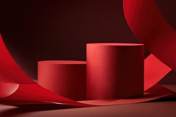 Aufkleber - Two red cylindrical podiums stand on a dark background, accented by dynamic red ribbons, creating a visually striking scene