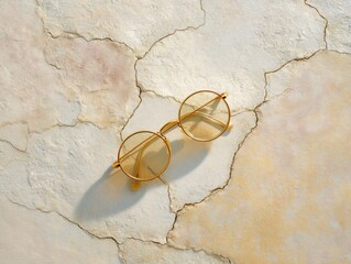 Poster - Minimalist Eclipse Glasses on Cracked Stone with Golden Reflection and Soft Shadows - Modern Textured Flatlay for Premium Visual Content