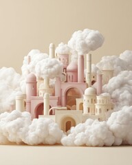 Poster - Surreal Cloud Cityscape with Soft Pastel Architecture and Cotton-Like Smoke for Conceptual Design and Dreamy Imaginative Visual Storytelling