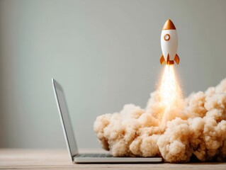 Poster - Modern tech startup concept with toy rocket launching from laptop, symbolizing digital innovation, rapid growth, and breakthrough ideas in business ventures