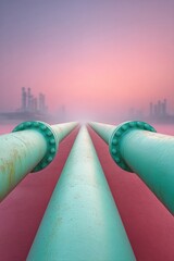 Poster - Green Hydrogen Transport Pipelines at Industrial Facility with Processing Towers under Soft Pastel Sky for Energy Transition and Sustainable Infrastructure